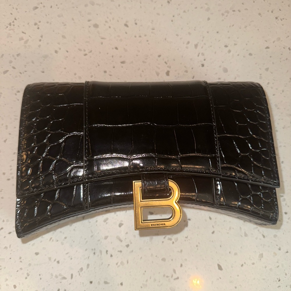 Balenciaga Hourglass Shiny Mock-Croc Black Chain Wallet